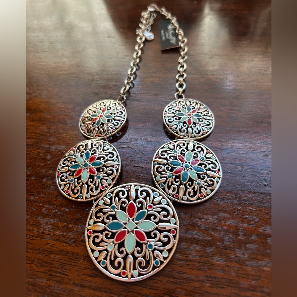 Scroll by Dillard’s Silver & Red, Blue, Black Round Floral Medallion Necklace